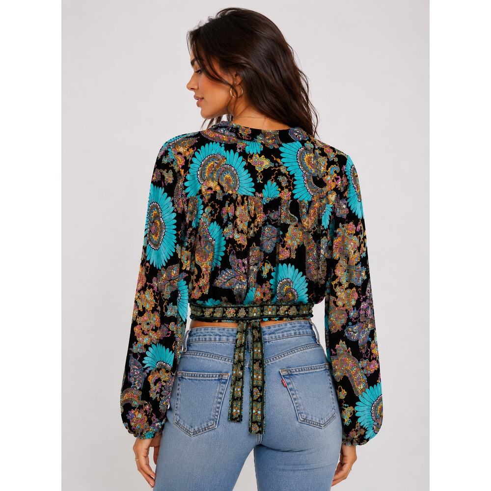 Haute Hippie S Boho Paisley Floral Tie Front Crop Blouse Long Sleeve Black View 4